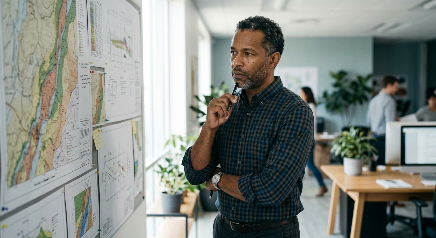 A mining company executive reviewing geological survey maps and production data pinned to an office wall