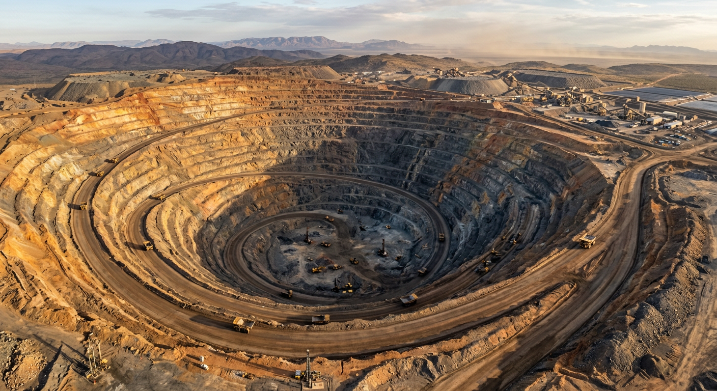 Aerial view of a large open-pit gold mine with terraced haul roads